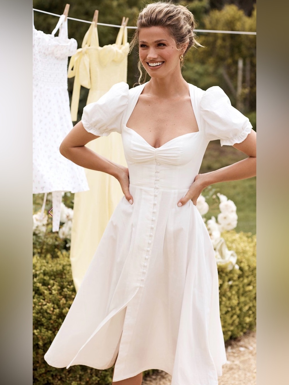House of CB ✨ ELLERY White Linen Puff Sleeve Midi Sundress. Romantic Cottagecore